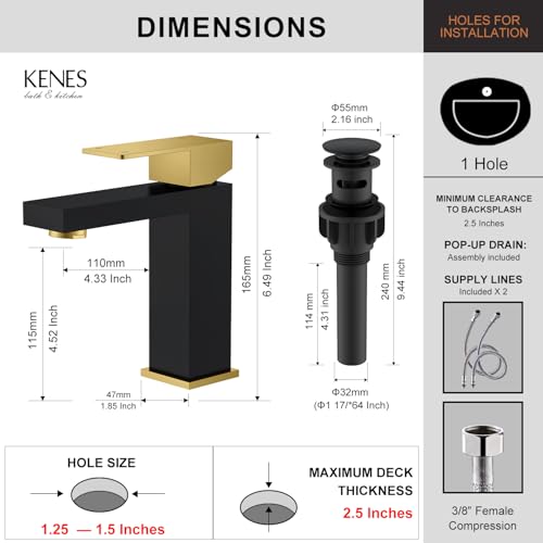 KENES Single Handle Bathroom Sink Faucet, Black and Gold Bathroom Faucets Single Hole, Vanity Faucet with Pop Up Drain and Supply Lines, Matte Black/Brushed Gold LJ-9031-BG - color: Black & Gold, size: Short