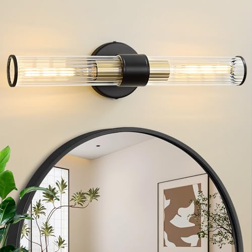 Bathroom Light Fixtures, Black Gold Wall Sconce in Threaded Glass Vanity Light, Modern Bathroom Wall Light for Bedroom, Living Room - Bulb Not Included - color: Black Gold-B
