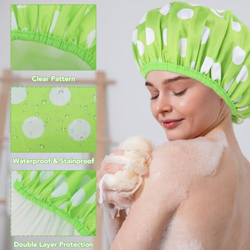 WSICSE 2 Packs Large Shower Caps for Women, Reusable Waterproof Shower Cap Bath Caps with Hair Scrunchies for Long Thick Hair (Cyan/Yellow) - color: cyan, yellow