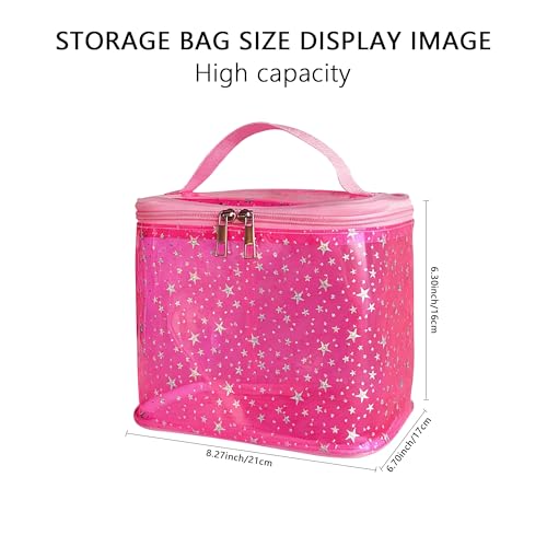 Holographic Star Print Pink Makeup Bag - Portable & Waterproof Barrel-Shaped Toiletry Bag, 8.27x6.7x6.3in Cosmetic Case for Women & Men (Pink Star) - color: Pink