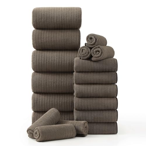18 Piece Family Bath Towel Set Include 6 Bath Towels,6 Hand Towels and 6 Washcloths Soft Bathroom Towel with Hanging Loops,Highly Absorbent Quick Dry Towels Set for Bathroom,Hotel and Spa-Brown - color: Brown, size: 18-Piece Set