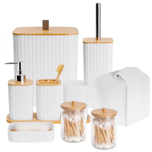 Bathroom Accessory Set - 10 Piece White Bathroom Sets Complete with Trash Can, Toothbrush Holder & Cup, Soap Dispenser, Soap Dish, Toilet Brush & Holder, Vanity Tray, Qtip Holder, Tissue Box Cover - color: White