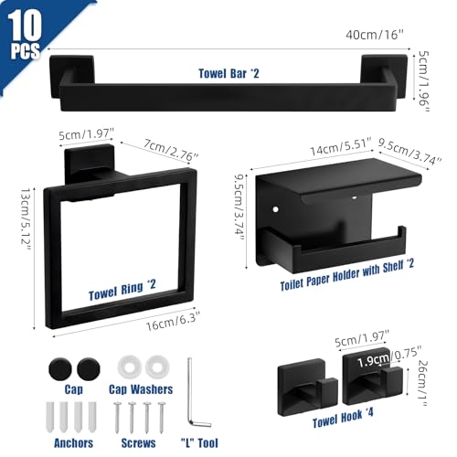Matte Black Bathroom Hardware Accessories Set, Stainless Steel Towel Racks for Bathroom, 16 Inch Towel Bar, Towel Holders, Updated Toilet Paper Holder with Shelf Wall Mounted(10-Pieces) - color: Black, size: 10 Pieces