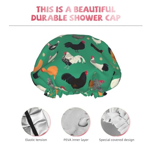 Funny Chickens Shower Cap For Women Reusable Waterproof Double Layers Bath Cap Hair Protection Elastic Ladies Spa Salon Shower Hat - color: Chickens