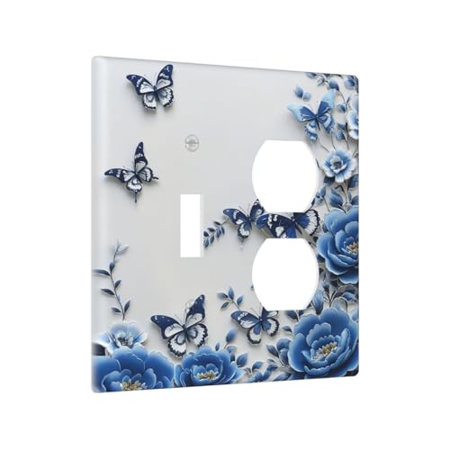 Light Switch Cover Plate Blue Peony Flowers Butterfly Vintage Floral 2 Gang Decorative Switch Plates 1 Toggle Duplex Combo Outlet Covers GFCI Wall Plates for Bathroom Bedroom Decor - color: Blue Peony Flowers Butterfly Vintage Floral, size: 1 Toggle 1 Dup