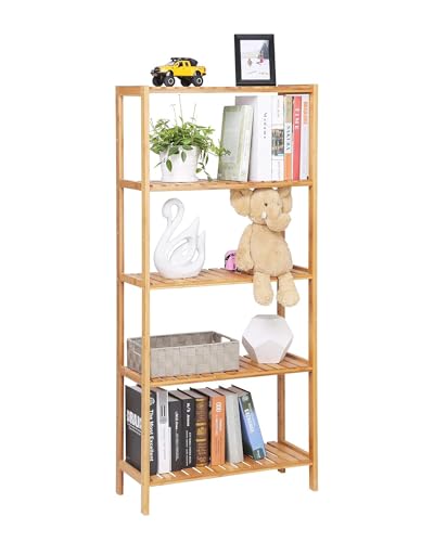 SONGMICS Bamboo Storage Shelf, 5-Tier Shelving Unit, Multifunctional, in The Entryway, Bathroom, Living Room, Balcony, Kitchen, 10.2 x 23.6 x 51.2 Inches, Light Bamboo UBCB35Y - color: Light Bamboo, size: 5 Tiers (10.2"D x 23.6"W x 51.2"H)
