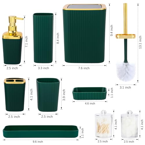 Bathroom Accessory Set,9 Pieces Dark Green Bathroom Accessories Set with Trash Can, Toothbrush Holder, Soap Dispenser, Toothbrush Cup, Vanity Tray, Soap Dish, Toilet Brush, Qtip Holder - color: Darkgreen