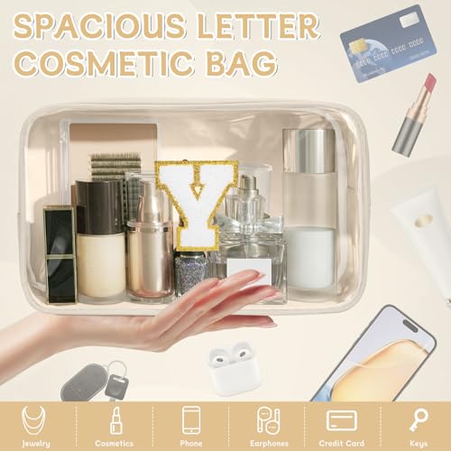 Initial Clear Makeup Bag, Birthday Gift Preppy Chenille Patch Cosmetic Bag, Initial Travel Essentials Beach Toiletry Pouch, Ideal Gift for Teachers & Moms, Women and Girls (Beige, Y) - color: Beige, style: Y