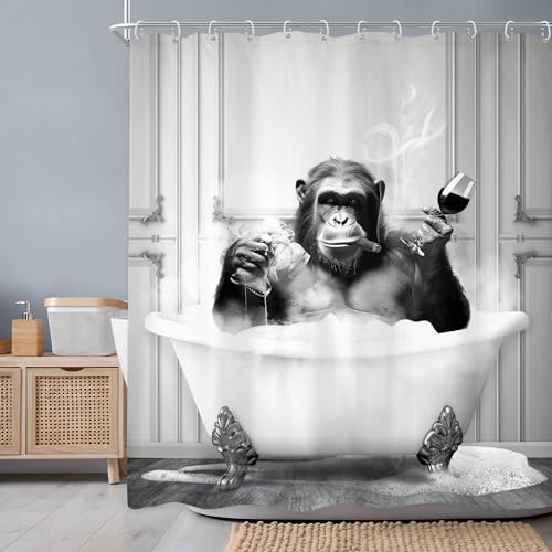Newsely Funny Monkey Shower Curtain 72Wx72H Inch Chimpanzee in Bathtub Black White Animal Wildlife Boys Men Shower Curtain Bathroom Set Modern Cool Waterproof Bath Decoration Accessories Home Decor - color: A-monkey, size: 72"W x 72"L (Pack of 1)