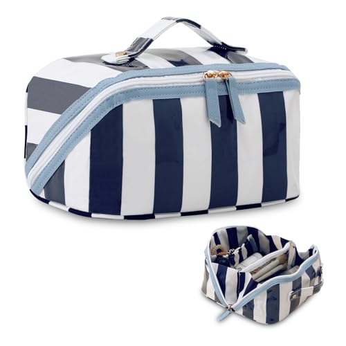 DYSHAYEN Stripe Travel Makeup Bag with Compartments Clear Coated Cosmetic Bag for Women, Waterproof Portable Open Flat Toiletry bag （White-Navy） - color: White-Navy