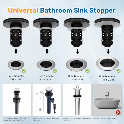 Universal Metal Bathroom Sink Stopper, Pop-Up Hair Catcher Strainer, Black | Large Cover Cap, Sink Drain Strainer with Detachable Double Filter, Drain Plug Fits 1.1"-2.36" US Basin, Brass Bounce Core - color: Matte Black