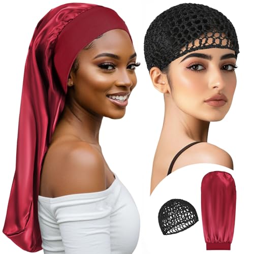 Bonnet for Long Hair- Hair Nets for Sleeping Set Shower Cap for Braids Anti Frizz Reusable Soft Elastic Band Mesh Wrap For Black Hair For Curly, Braids Hair (black net, burgundy bonnet) - color: Black Net, Burgundy Bonnet