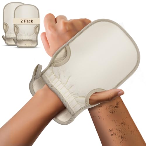 Exfoliating Glove (Original) Machine Washable Newly Upgraded With Thumb Holes Korean Body Scrubber 100% Vegan Viscose Exfoliating Mitt for Dead Skin Removal, Keratosis Pilaris & Self-Tan Prep - color: 2Pack-Beige