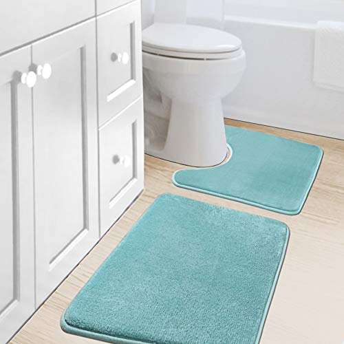 H.VERSAILTEX Bath Mat Set Flannel Velvety Luxury Extra Soft Absorbent Non Slip Bathroom/Bedroom Rugs (Curved Set 20"x 32" Plus 20"x 20"U, Eggshell Blue) - color: Eggshell Blue, size: 20" x 32" Plus 20" x 20" U