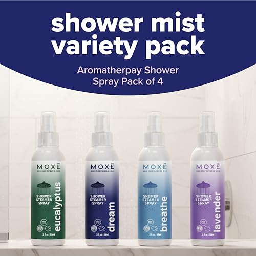 MOXE Aromatherapy Shower Mist Variety Pack, Eucalyptus, Lavender, Breathe and Dream, Spa Steam Spray, Natural 100% Essential Oils, Aromatherapy, Sinus Congestion Relief, 4 Pack (8oz) - color: Variety Pack, size: 2 Fl Oz (Pack of 4)