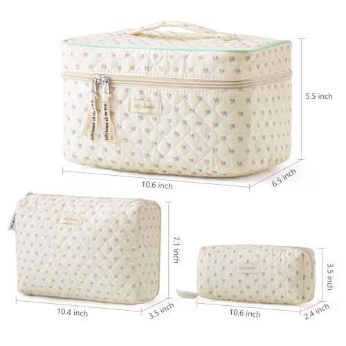 HBselect Quilted Makeup Bag, 3PCS Cotton Large Travel Makeup Bag, Cute Floral Coquette Make up Bag Cosmetic Bag Toiletry Bag for Women Girls - color: A-3PCS-Flower