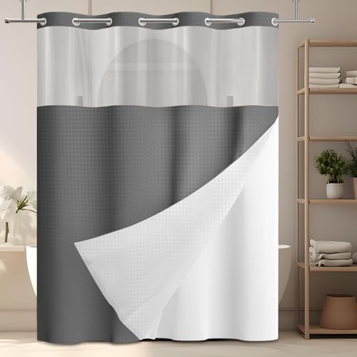 No Hook Shower Curtain with Snap in Liner, Waffle Shower Curtain Set for Bathroom, Hotel Style with Semi-Sheer Top Window, Waterproof & Washable, Dark Grey, 71" W x 86" L - color: Dark Grey, size: 71"W x 86"L (Pack of 1)