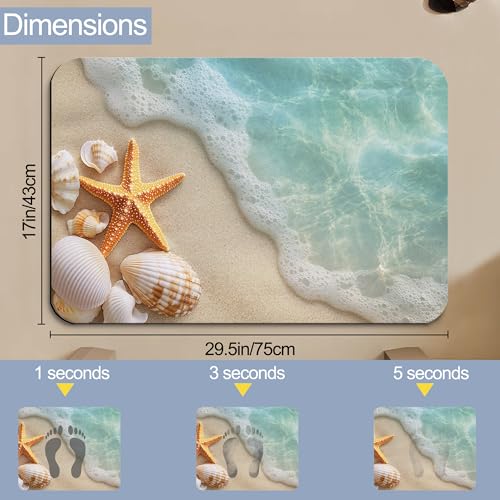 Bath Mats for Bathroom,Starfish Seashells Bathroom Rugs,Summer Ocean Beach Diatomaceous Bath Rug Quick Dry, Non Slip Super Absorbent Low Profile Doormat for Home Kitchen Patio 17 X 29.5 Inch - color: Starfish Seashells