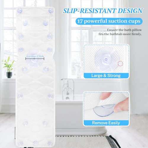 TranquilRelax Bath Pillow for Tub with Laundry Bag & 17 Non-Slip Suction Cups, Extra Thick and Soft Bathtub Pillow for Head, Neck & Shoulder Support, 56" x 16" White - color: White