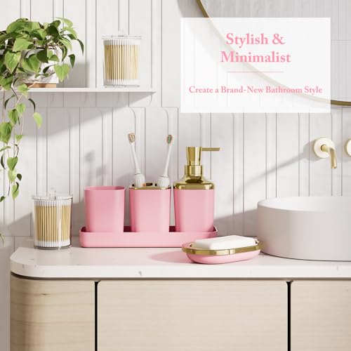 XLHOMO Bathroom Accessory Set - 24PCS Luxury Bathroom Accessories Set, Bathroom Sets with Shower Curtain and Rugs, Pink Bathroom Set with Trash Can, Toothbrush Holder & Soap Dispenser for Home Decor - color: Pink & Gold, size: Gradient Complete Set+Bath R