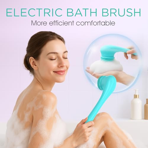 VOYOR Electric Body Brush Back Scrubber Silicone Body Scrubber Two-Way Rotating Brush Head for Deep Cleaning, Exfoliation, 4 Attachments Long Handle IPX6 Rechargeable Shower Brush BC300 (Blue) - color: Blue