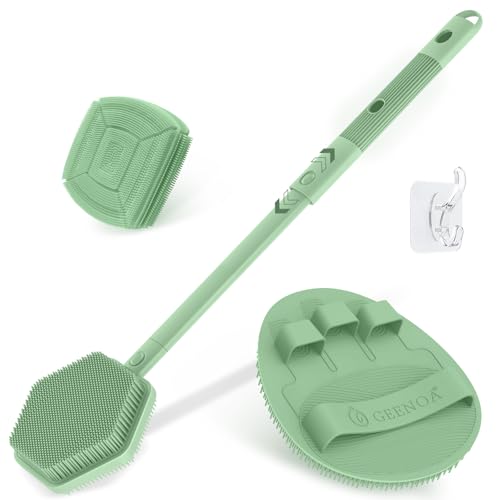 Silicone Back/Face Scrubber & Bath Glove Set 3PCS, Extendable Back Scrubber with Dual-Side Large Head, 360° Anti-Slip Bath Glove, Unique Side-bristle Face Scrubber for All-round Cleaning(Green) - color: Green*3
