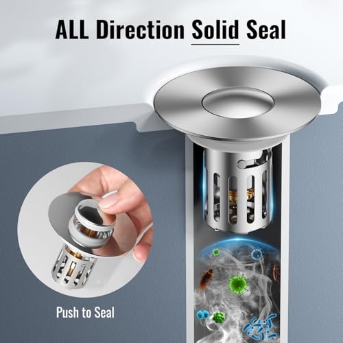 5-in-1 Bathroom Sink Stopper, 2 Pc Pop-Up Sink Drain Strainer with Removable Bascket, Anti-Clog Strainer, Odor Blocking & One-Way Flow Design, Brass & Stainless Steel All Metal Made, Fit 1.1"–2.36"