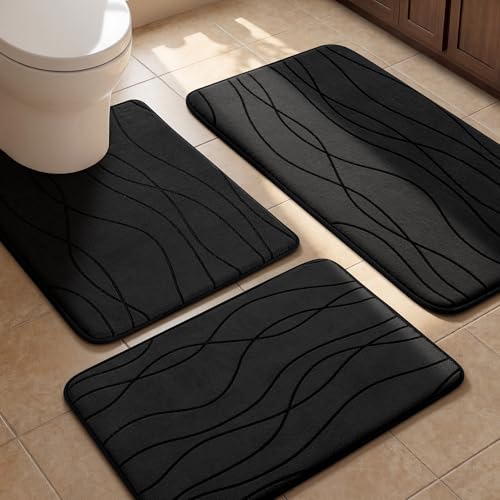YIHOUSE Bathroom Rugs Set 3 Piece, Memory Foam Bath Mat Black | Ultra Soft, Absorbent, Non-Slip, Machine Washable, for Bathroom, Sink and Toilet - color: Black, size: 2'9" x 1'8" (Rectangular)