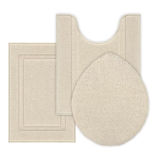 SHACOS Microfiber Bathroom Rugs Set of 3 with Toilet Lid Cover Non Slip | Washable Bath Mat Absorbent Bathroom Carpet 16"x24"+U Shape Toilet Rug 20"x24"+Toilet Lid Cover 19"x21", Light Beige - color: Light Beige, size: 16"x24"+U-Shape 20"x24"+Lid Cover 19