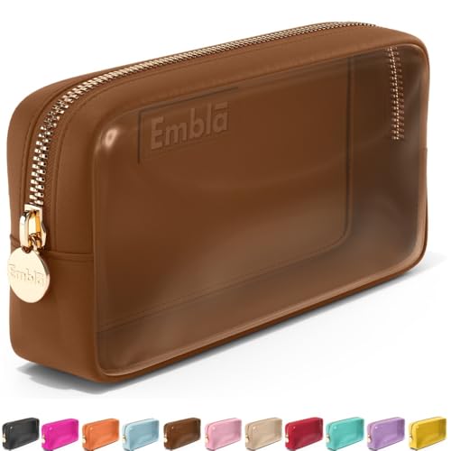 Embla Clear Cosmetic Bag Makeup Case, Clear Zipper Make Up Pouch and Toiletry Travel Tote, Cute Skincare Pouches for Women Girls, Preppy Purse Cosmetic Organizer, Small Makeup Bags, Chocolate | Small Brown Clear Nylon/PVC Cosmetic Bag with Zipper, Waterpr
