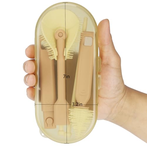 Portable Baby Bottle Brush Set – 5-in-1 Silicone Baby Bottle Cleaner Kit with Nipple Brush, Straw Brush, Drying Rack & Travel Case – BPA-Free, Bottle Washing Set for On-the-Go (Pink) - color: Pink