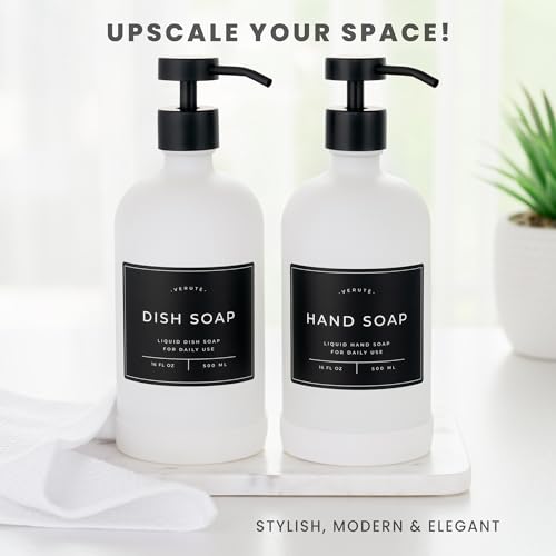 Hand and Dish Soap Dispenser for Kitchen and Bathroom, Set of 2 16 Oz Glass Bottles, Stainless Steel Pumps, Non-Slip Silicone Base, 27 Waterproof Labels (Matte White Bottle/Black Pump) - color: Matte White Bottle / Black Pump