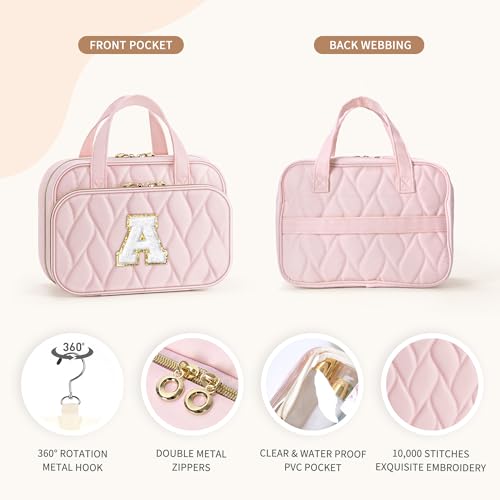YOOLIFE Initial Hanging Toiletry Bag for Women Teen Girls Birthday Gifts for 8 9 10 11 12 13 14 15 16 Year Old Girls Hanging Travel Toiletry Bag Makeup Bags Gift for Women Teen Girl Kids Letter Pink A - color: Pink, style: A