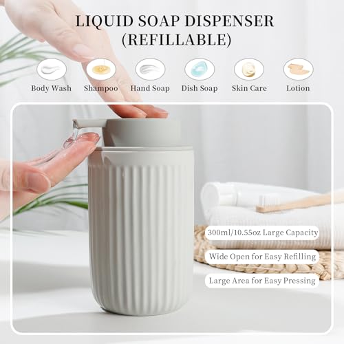 BosilunLife Ceramic Bathroom Accessories Set - Bathroom Counter Soap Set Light Grey Bathroom Decor Sets Accessories Bathroom Lotion Soap Dispenser and Toothbrush Holder Set, Soap Dish, Apothecary Jars - color: Light Grey-liquid