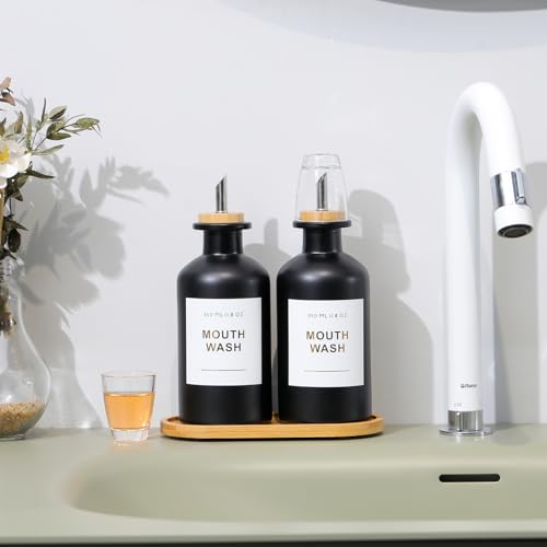 11.8OZ Glass Mouthwash Dispenser for Bathroom with Stainless Steel & Bamboo Nozzle, Mouthwash Cup Reusable, Bamboo Tray, and Elegant Gold Sticker.Set of 2（Black - color: Black/350*2