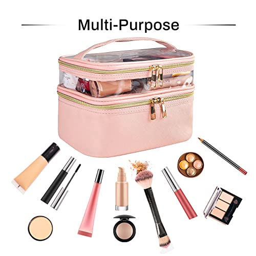 Pink Makeup Bag, Leather Double Layer Makeup Bag,Travel Accessories Toiletry Bag for Women,Travel Essentials Cosmetic Bag - color: 00-Pink