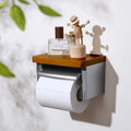 Silver Toilet Paper Holder with Wooden Board, Wood Toilet roll Holder， Covered Bamboo Toilet Paper Holder for Bathroom - color: Wood Brown&silver, size: Single