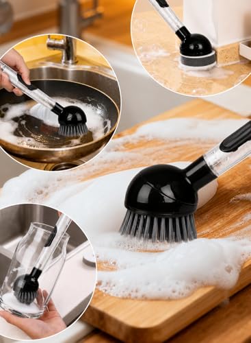 Soap Dispensing Dish Brush with Handle, 360° Rotating Head, 5-Piece Kitchen Cleaning Set (2 Brush Heads & 3 Sponges), Non-Scratch Scrubber for Pot, Pan, Sink, Leak-Proof Dishwand, Black - color: Black