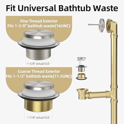 Brushed Nickel Tub Drain Kit with Hair Catcher, Premium Brass Tip-Toe Bathroom Tub Drain Replacement and 2-Hole Overflow Faceplate, 11.5/16 UNC Bathtub Drain Stopper Assembly - color: Brushed Nickel