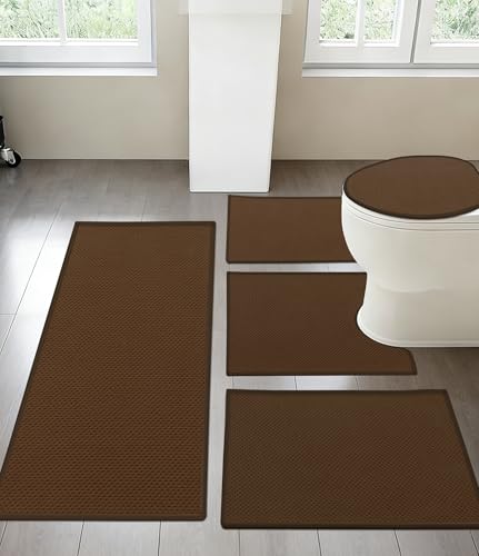 YIHOUSE Bathroom Rug Sets 5 Piece, Ultra Thin Quick Dry Bath Mat, Absorbent Bath Mat for Bathroom Non Slip Machine Washable Bath Rug (Brown) - color: Brown, size: 5 Pieces