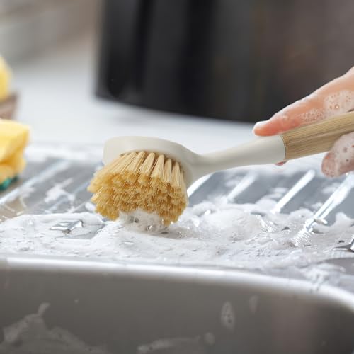 DEBETOOL Dish Brush with Built-in Scraper - 4 Pack Bamboo Dish Scrubber Brush with Handle, Kitchen Brushes for Dishes & Pots, Sink, Eco Cleaning Tool Set