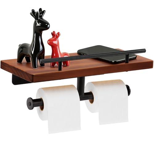 Toilet Paper Holder with Wood Shelf, Wall Mount Toilet Paper Roll Holder with Wooden Shelf and Matte Black Stainless Steel Pipe, Tissue Roll Holder for Bathroom Washroom (Dark Brown, 13.8'' x 5.9'') - color: Dark Brown, size: 13.8'' x 5.9''