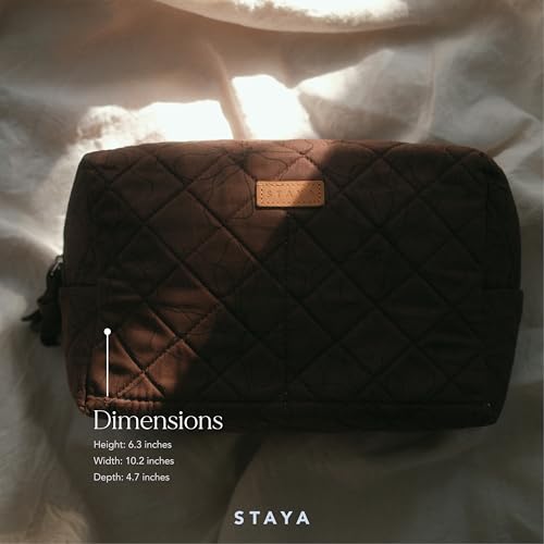 Staya Quilted Makeup Bag for Women – Cotton Travel Cosmetic & Toiletry Pouch, Small Aesthetic Organizer for Purse & Carry-On (Cacao) - color: Cacao