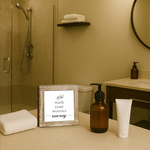 Bathroom sign, Wash Your Worries Away, Funny Restroom Room Shelf Decor, Inspirational Restroom Bathroom Decoration, Funny Toilet Washroom Wooden Box Sign Decor 5.9×5.9 inch - color: color27