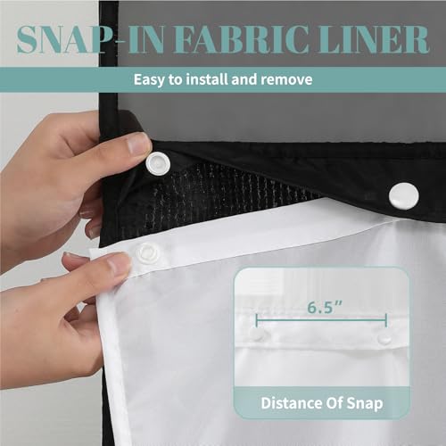 eachope Black Extra Long No Hook Waffle Weave Shower Curtain with snap-in Liner Replacement, 230GSM Waterproof Fabric Hotel Shower Curtain Set for Bathroom, Through Mesh Top Window,71Wx86H - color: Black, size: 71"W x 86"L (Pack of 1)