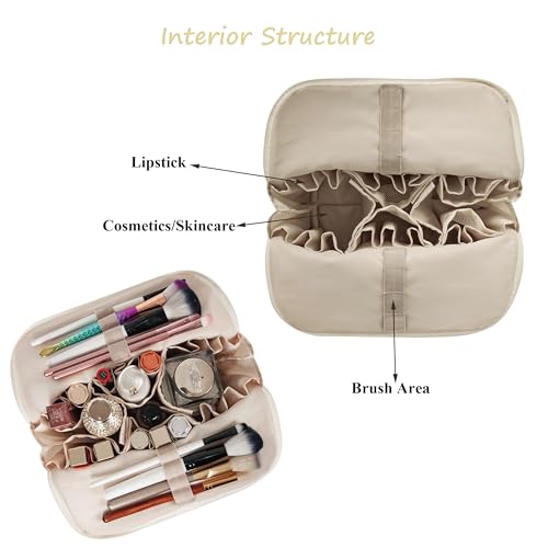 Travel Makeup Bag for Women, Waterproof Stand Up Cosmetic Bag with Brush Holders, Organizer Bag with Compartments, Fold-Down Design for Skincare, Toiletries & Essentials(White, Medium) - color: White, size: Medium