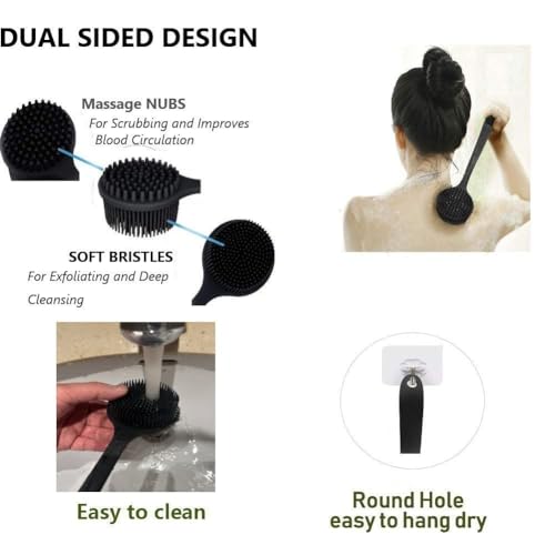 Long Handle Silicone Body Scrubber for Shower, Dual-Sided Back Scrubber Brush with Soft Bristles&Massage Nodes, Exfoliating Bath Brush for Hard to Reach Areas, Easy to Clean & Quick Dry, for Daily Use - color: Black