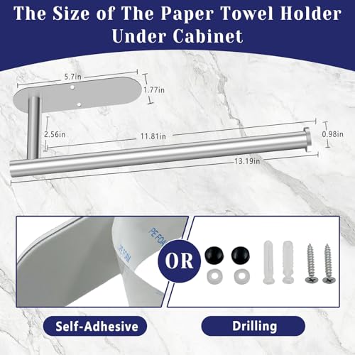Paper Towel Holder, Self Adhesive or Drilling Paper Towel Holder Under Cabinet, Stainless Steel Paper Towel Holders Wall Mount for Kitchen, Bathroom, Sink, Pantry, Fridge (Sliver) - color: Sliver