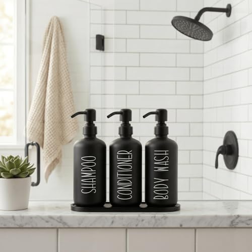 MOMEEMO Reusable Shampoo and Conditioner Bottles with Tray, Shampoo Bottles Refillable with Pump, Pump Bottles for Shampoo and Conditioner, Shower Dispenser Bottles (Black) - color: Black Black
