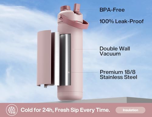 POWCAN 26 oz Insulated Water Bottle with 2-in-1 Straw and Spout Lid, Keep Cold 24H, Leak-Proof, Fits in Car Cup Holder, Stainless Steel Water Bottle for Sports, Travel, Gym, and School (Dried Rose) - color: Dried Rose, size: 26 Ounces